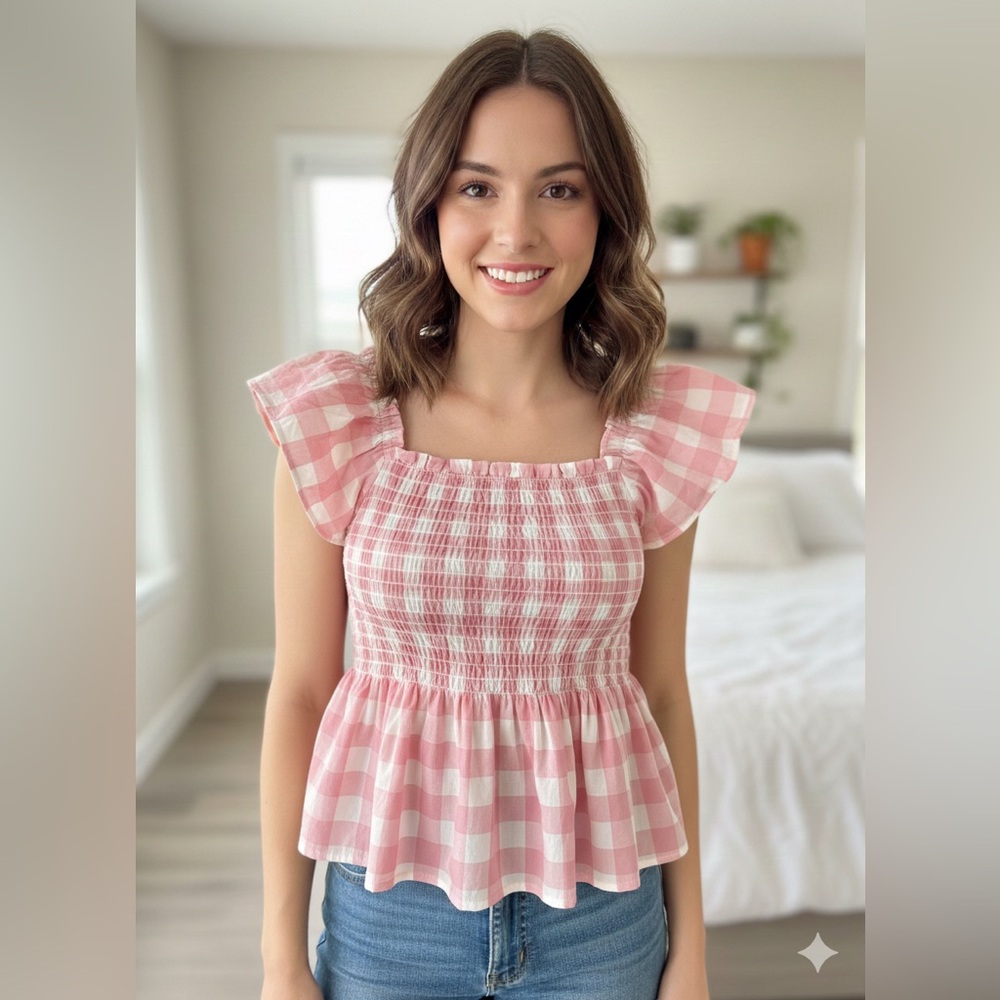 Old Navy Pink Checkered Smocked Blouse